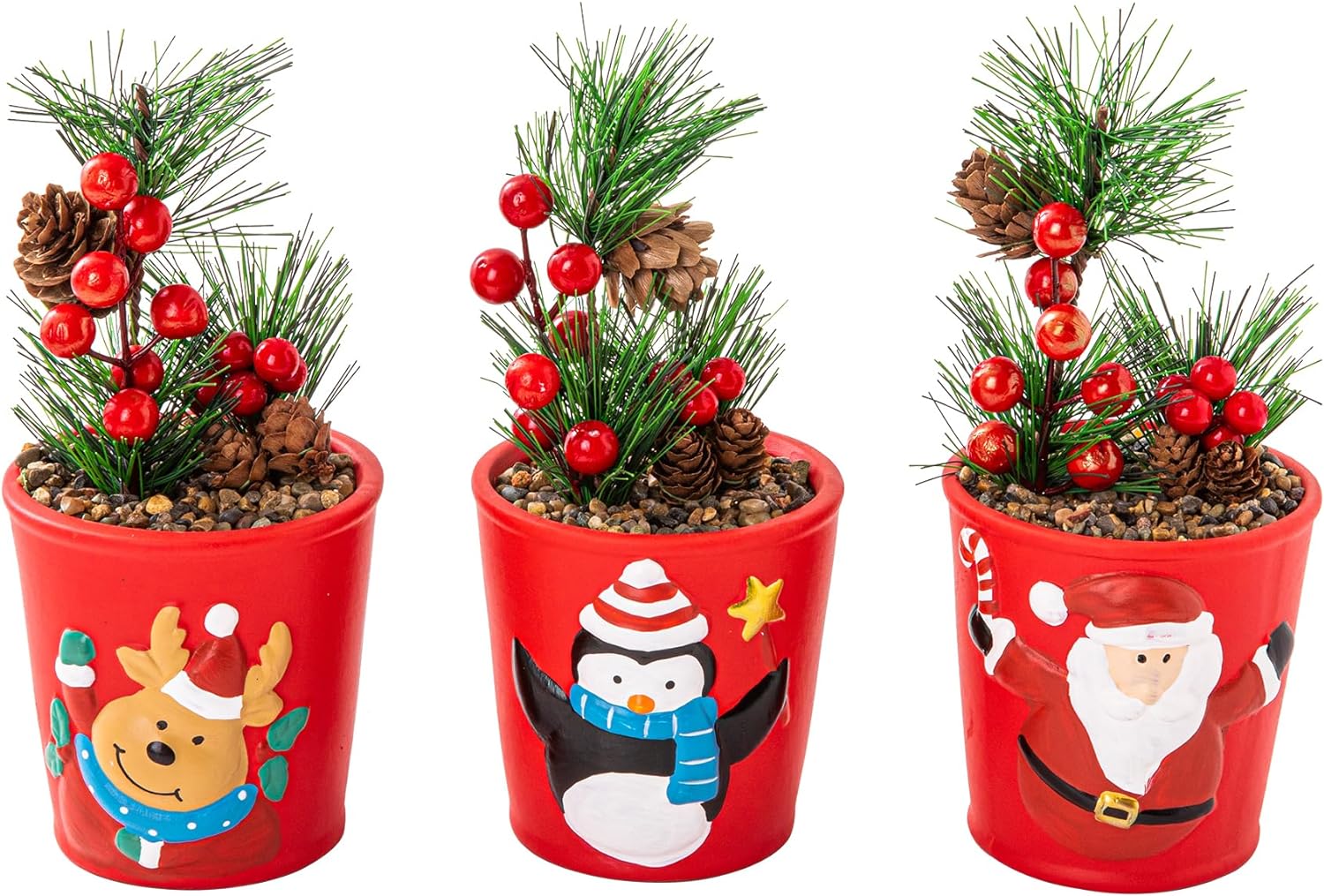 VENY TAYA 3PCS Christmas Santa Claus Plants Decor with Attificial Pine Branches and Red Berries, Indoor Christmas Table Centerpiece Decoration Potted Plants for Home and Office, Mini Christmas Tree